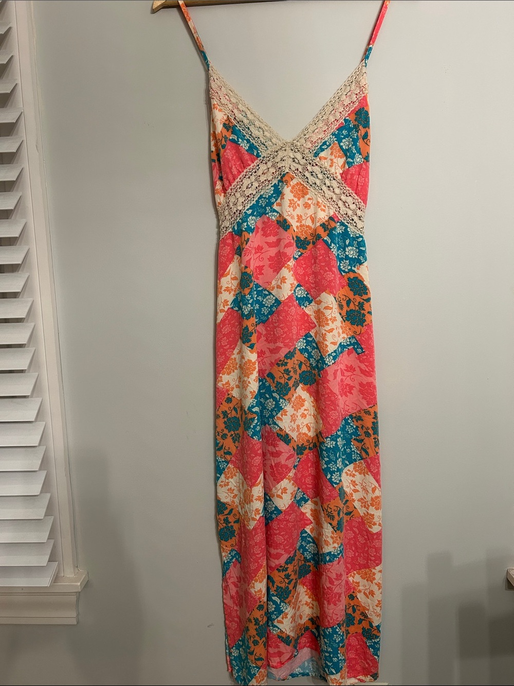 Patchwork Floral Maxi Slip Dress with Lace Trim - Pink & Teal